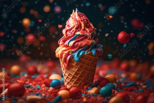 Cool, refreshing ice cream with a delightful crunch from the waffle cone and a pop of colorful candies.
