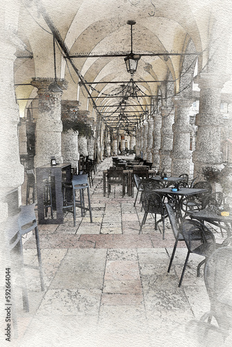 Watercolor of a columned porch with tables and chairs