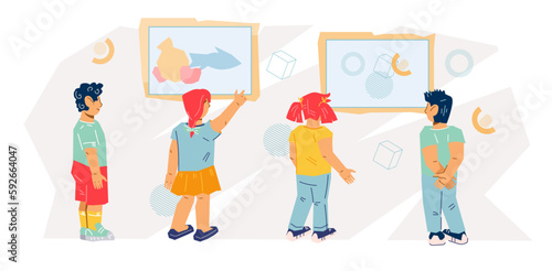 Children in art museum or gallery exhibition, flat vector illustration isolated on white background. Excursion for children to art museum. Banner or leaflet backdrop design.