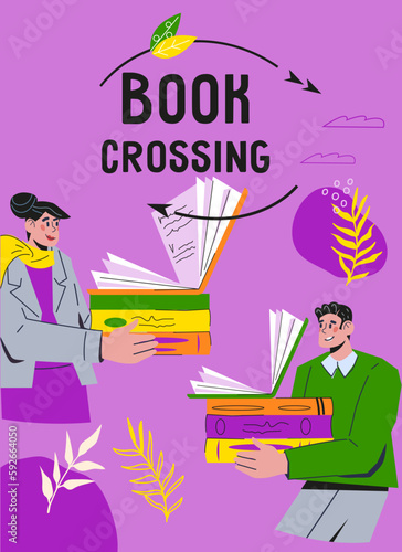 Bookcross event or unit in bookstore banner or flyer template. Books swap and reusable items eco friendly lifestyle concept, flat vector illustration. Book cross and exchancing initiative.