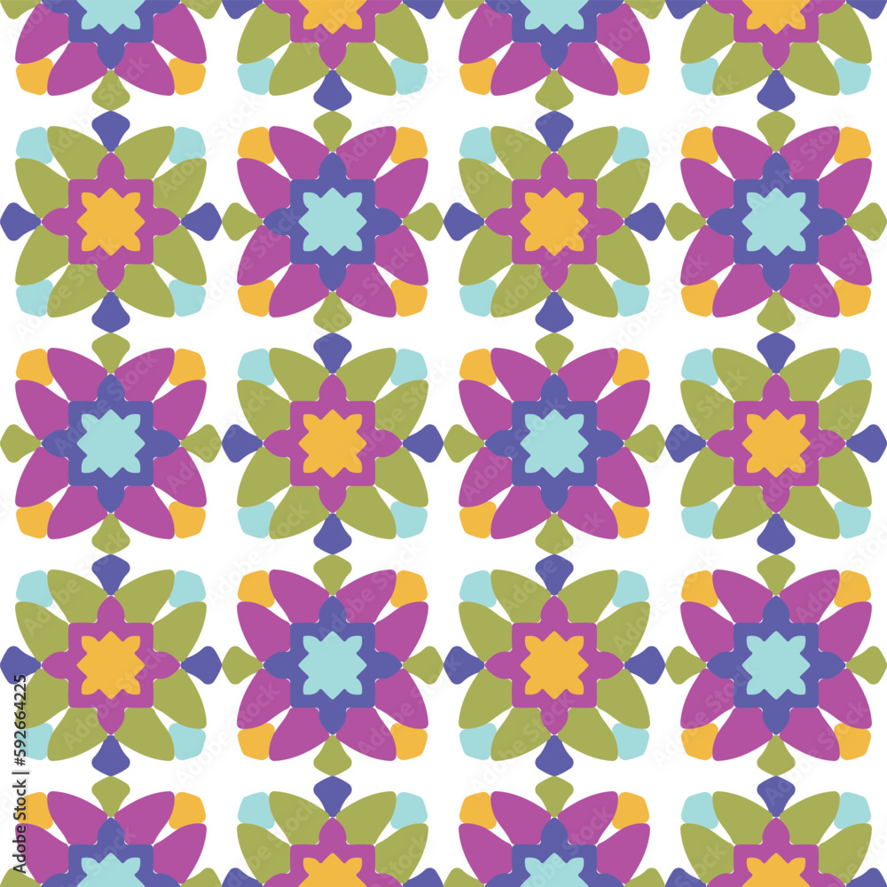 Abstract Floral Geometric Ethnic Shapes Seamless Vector Pattern Quilt Style Lines Trendy Fashion Colors Decorative Design