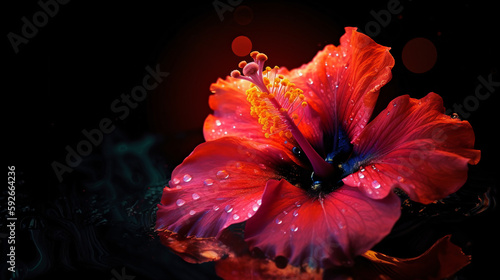 hibiscus flower with water drops, neon glow