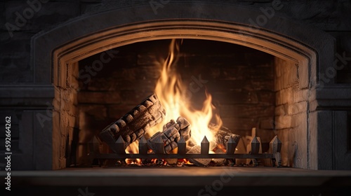 Warmly fireplace to the cozy home where you want to go on a cold winter day. Generative AI Technology 