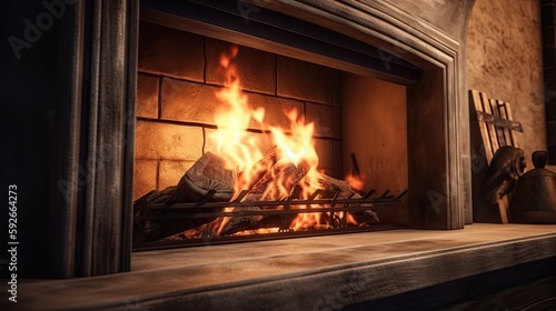 Warmly fireplace to the cozy home where you want to go on a cold winter day. Generative AI Technology 