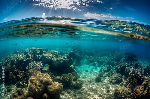 Underwater world with beautiful coral reef, marine background, Generative AI 