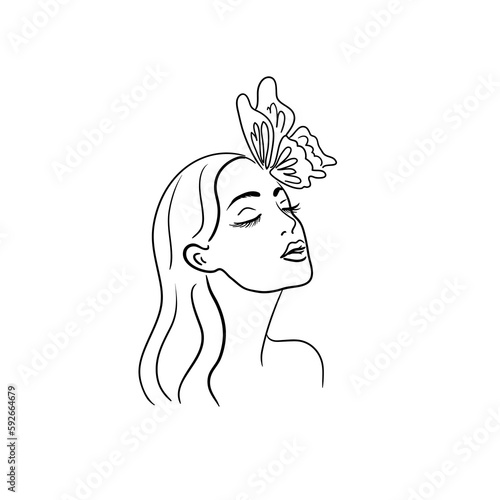 Beautiful face of a young woman with a butterfly. Stock  illustration isolated on white background.Woman logo.