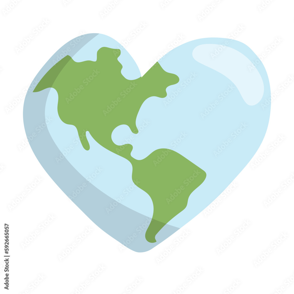 Heart shaped planet earth icon. Save the world. Eco friendly environmental message. Love. Map centered in America.