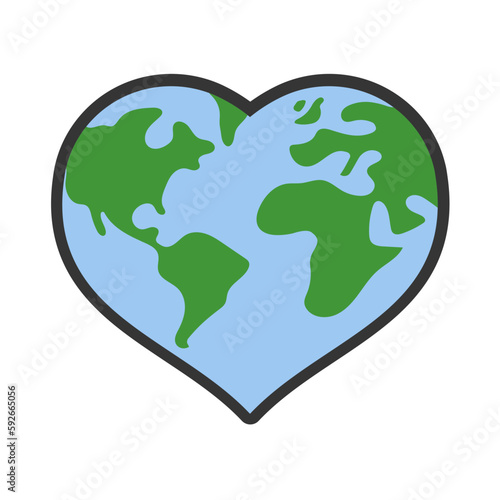 Heart shaped planet earth icon. Save the world. Eco friendly environmental message. Love world map.