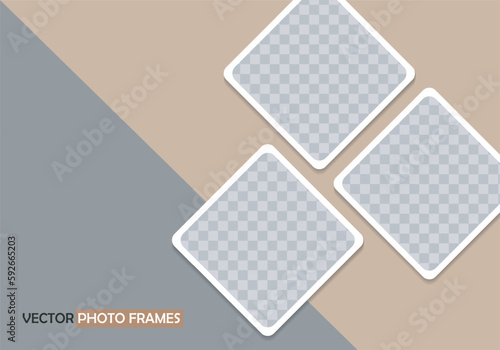 Three empty rhombus photo frames on beige and gray background. Website banner template, flyer, leaflet. Vector Mockup for design and advertising. EPS10.