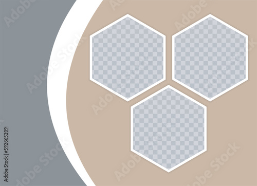 Three empty hexagons photo frames. Vector Mockup for design, advertising, presentations, photos, collages. Banner template, flyer, leaflet on beige and gray background. EPS10. 