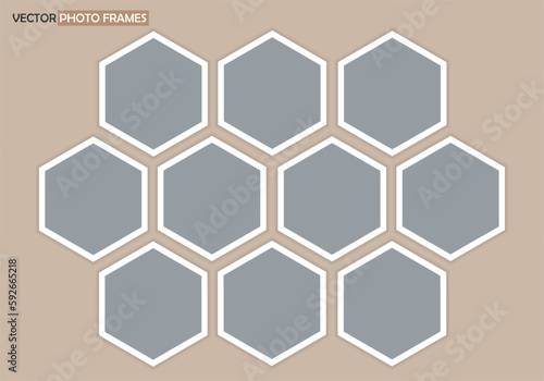 Set of gray hexagons honeycomb with white frame. 10 Empty templates with place for design, photo, albums, collages. Vector Mockup on beige background. EPS10. 