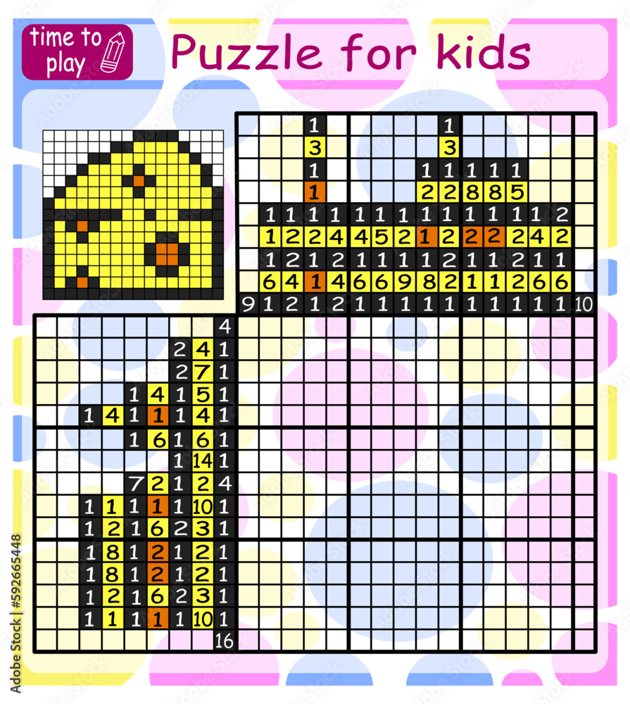Fototapeta premium Nonogram for kids. Paint by number puzzle. Colorful japanese crossword. Education game for children. cheese
