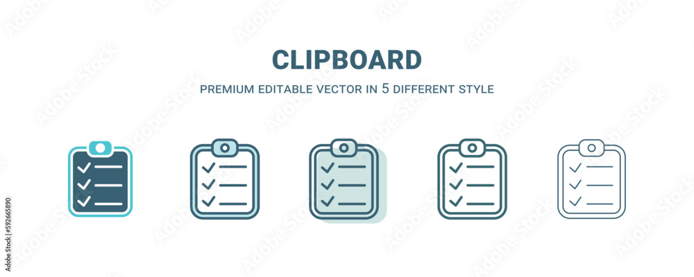 clipboard icon in 5 different style. Outline, filled, two color, thin clipboard icon isolated on white background. Editable vector can be used web and mobile clipboard icon in 5 different style. Outline, filled, two color, thin clipboard icon isolated on white background. Editable vector can be used web and mobile