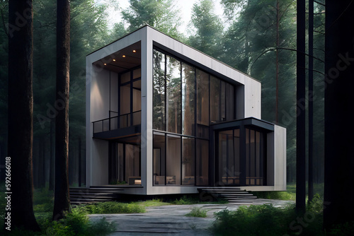 Luxurious modern house with big windows and forest around