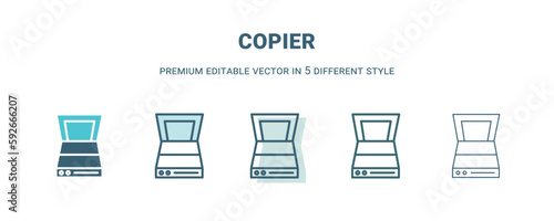 copier icon in 5 different style. Outline, filled, two color, thin copier icon isolated on white background. Editable vector can be used web and mobile