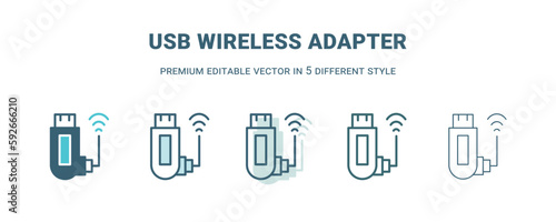 usb wireless adapter icon in 5 different style. Outline  filled  two color  thin usb wireless adapter icon isolated on white background. Editable vector can be used web and mobile