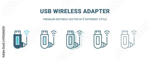 usb wireless adapter icon in 5 different style. Outline, filled, two color, thin usb wireless adapter icon isolated on white background. Editable vector can be used web and mobile