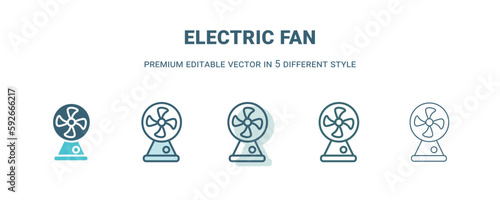 electric fan icon in 5 different style. Outline, filled, two color, thin electric fan icon isolated on white background. Editable vector can be used web and mobile
