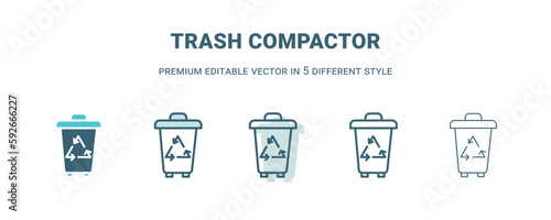 trash compactor icon in 5 different style. Outline, filled, two color, thin trash compactor icon isolated on white background. Editable vector can be used web and mobile