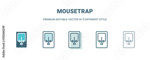 mousetrap icon in 5 different style. Outline, filled, two color, thin mousetrap icon isolated on white background. Editable vector can be used web and mobile