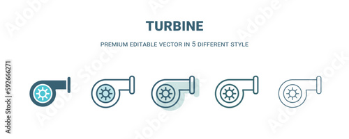 turbine icon in 5 different style. Outline, filled, two color, thin turbine icon isolated on white background. Editable vector can be used web and mobile