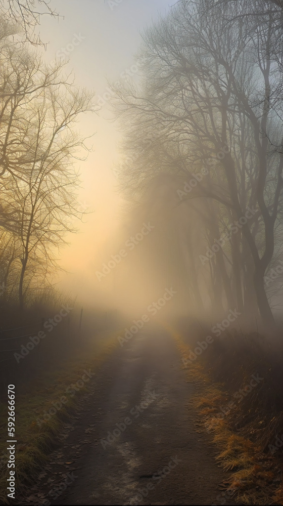 the gradient of colour minimalistic, cinematic lighting with early morning fog, sun barely visible through the mist illustration