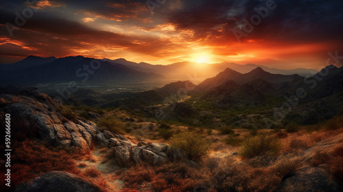 A stunning landscape photo of a mountain range at sunset, with vibrant colors and a dramatic sky