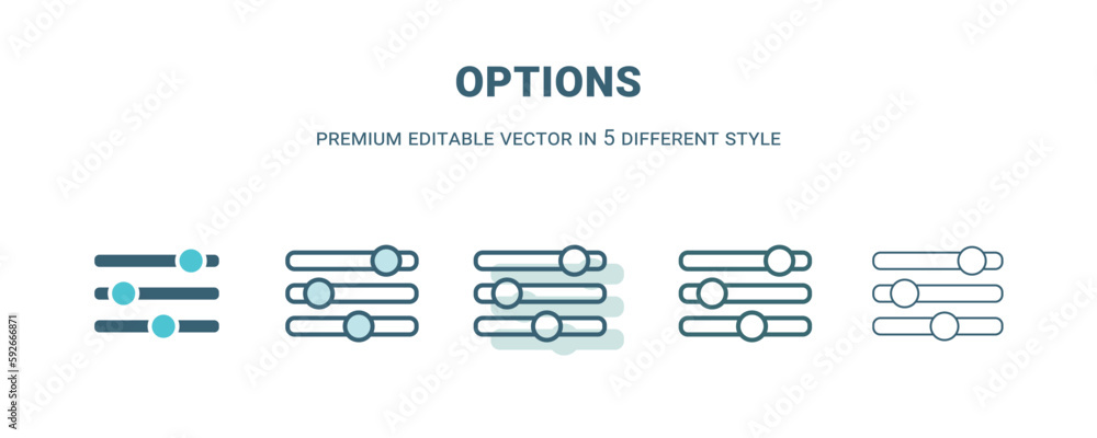 options icon in 5 different style. Outline, filled, two color, thin options icon isolated on white background. Editable vector can be used web and mobile options icon in 5 different style. Outline, filled, two color, thin options icon isolated on white background. Editable vector can be used web and mobile