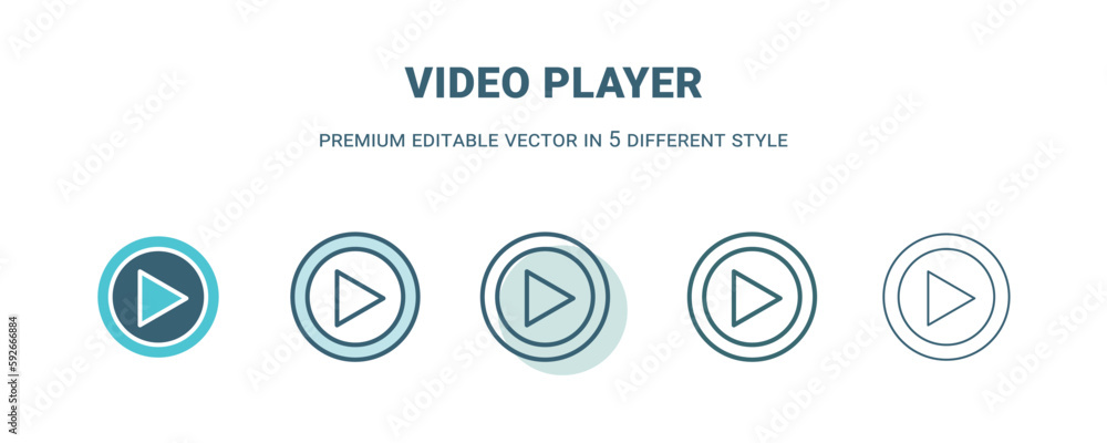 video player icon in 5 different style. Outline, filled, two color, thin video player icon isolated on white background. Editable vector can be used web and mobile