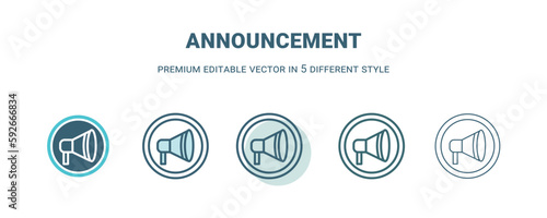 announcement icon in 5 different style. Outline, filled, two color, thin announcement icon isolated on white background. Editable vector can be used web and mobile
