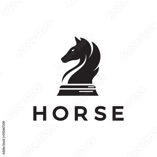 Chess strategy game logo with horse, king, pawn, minister and rook. Logo for chess tournament, chess team, chess championship, chess game application.
