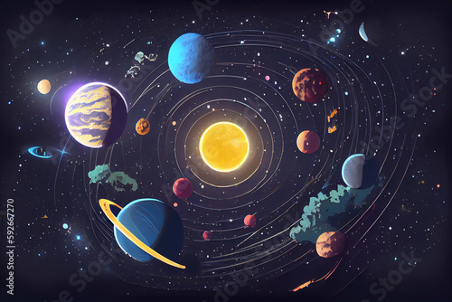 Solar system. Colorful planets  galaxy and universe. Space cartoon
