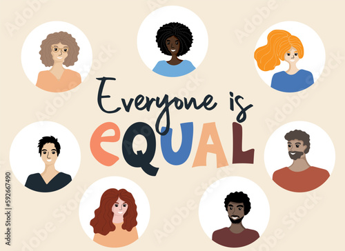 Everyone is equal. Faces of people multi ethnic races and genders. Diversity, inclusion and equity concept. Racial equality and anti-racism. Multicultural society. Vector illustration