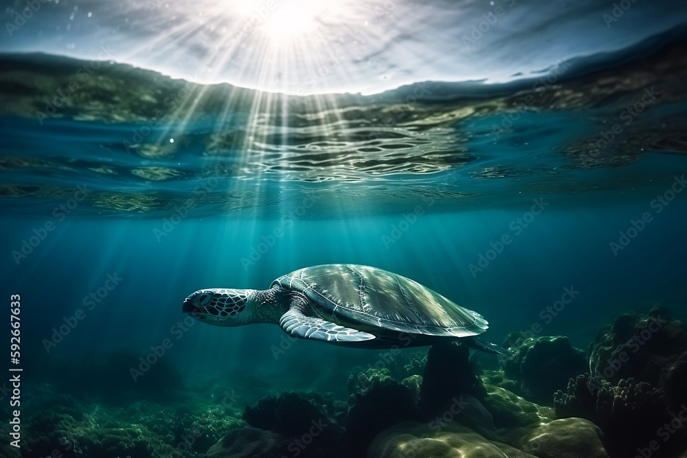 Turtle swimming underwater, marine background, Generative AI 