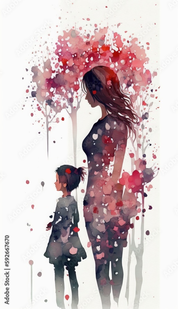 Fototapeta premium Watercolor Illustration of Mother and Child Surrounded by Hearts - Mother's Day Concept