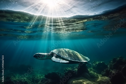 Turtle swimming underwater, marine background, Generative AI  © Syllie