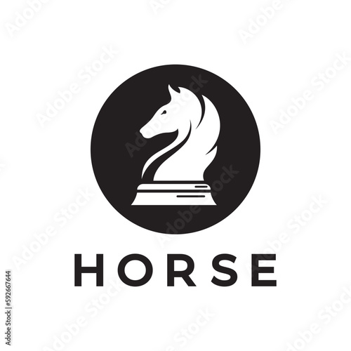 Chess strategy game logo with horse, king, pawn, minister and rook. Logo for chess tournament, chess team, chess championship, chess game application.