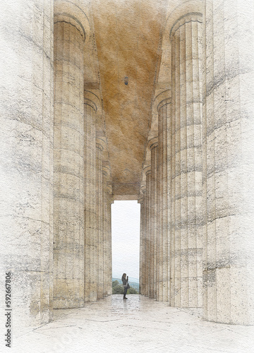 Watercolor of a building with historical columns