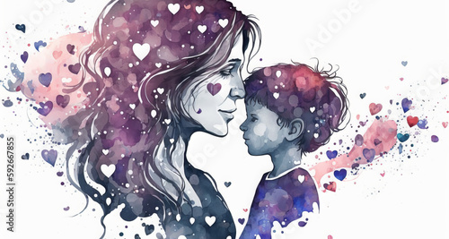 Watercolor Illustration of Mother and Child Surrounded by Hearts - Mother's Day Concept