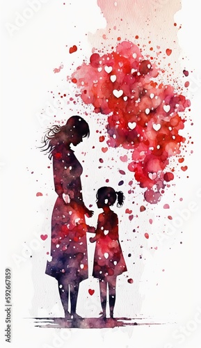 Watercolor Illustration of Mother and Child Surrounded by Hearts - Mother's Day Concept