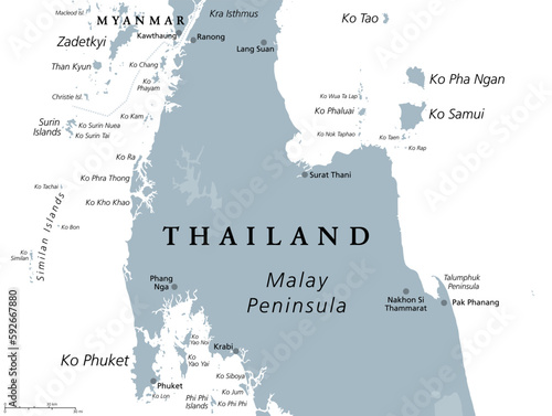 From Ko Samui to Phuket, Thailand, gray political map. Travel destinations west and east of the Malay Peninsula, off the coast of Thailand, with most important islands and cities. Illustration. Vector