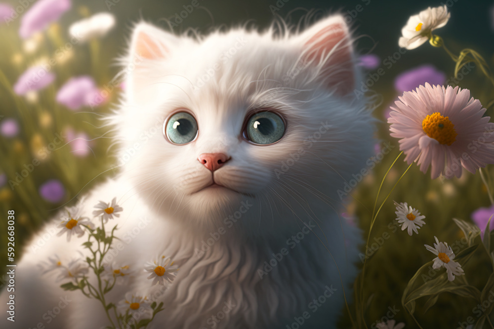 Adorable white kitten in flower garden. Generative AI