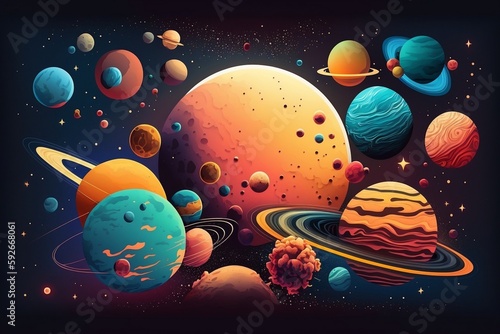 Colorful Cartoon Illustration of Planets and Moons. AI