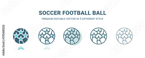 soccer football ball icon in 5 different style. Outline, filled, two color, thin soccer football ball icon isolated on white background. Editable vector can be used web and mobile