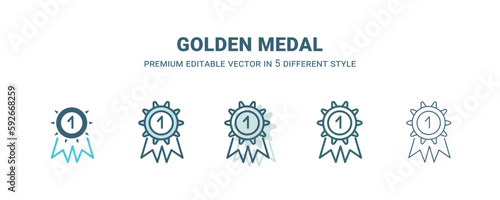 golden medal icon in 5 different style. Outline, filled, two color, thin golden medal icon isolated on white background. Editable vector can be used web and mobile