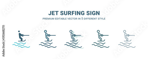 jet surfing sign icon in 5 different style. Outline, filled, two color, thin jet surfing sign icon isolated on white background. Editable vector can be used web and mobile