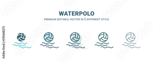 waterpolo icon in 5 different style. Outline, filled, two color, thin waterpolo icon isolated on white background. Editable vector can be used web and mobile