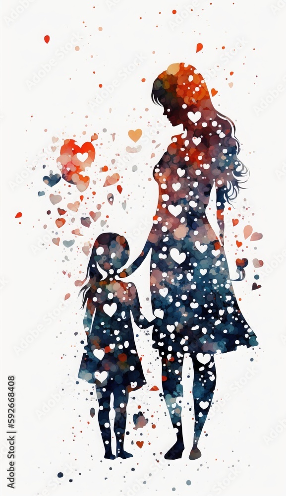 Obraz premium Watercolor Illustration of Mother and Child Surrounded by Hearts - Mother's Day Concept