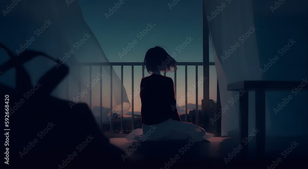 Fototapeta premium silhouette of a anime girl in a window, silhouette of a person, silhouette of a beautiful girl in a room, silhouette of a woman in a room, silhouette of a person in a doorway, wallpaper