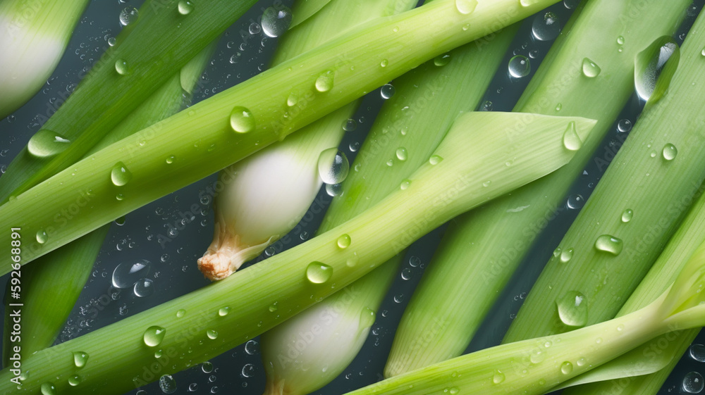 Fresh green leek on a counter in the supermarket. Banner created with ai generative tools Fresh green leek on a counter in the supermarket. Banner created with ai generative tools